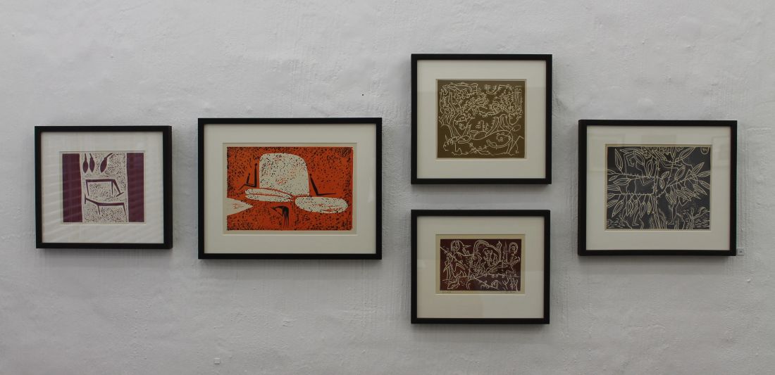 Click the image for a view of: Installation view of Walter Battiss screenprints and woodcuts